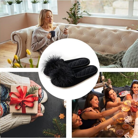 Women's Fuzzy Velvet Memory Foam House Slippers Non-Slip Sole Cozy - Picture 6 of 6